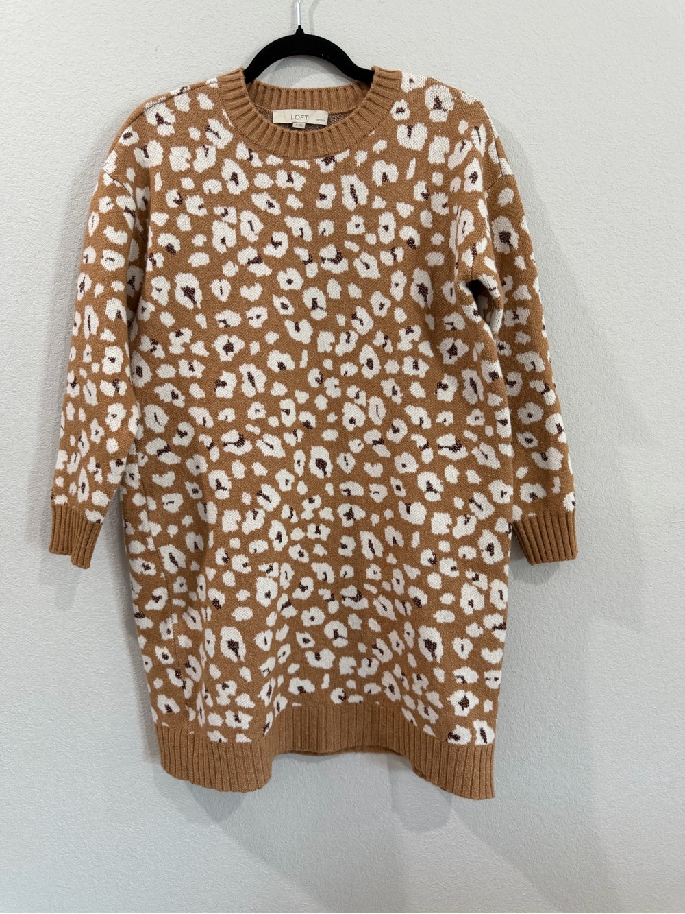 LOFT Camel White Leopard Sweater Knit Long Sleeve Animal Print Sparkly Dress PL